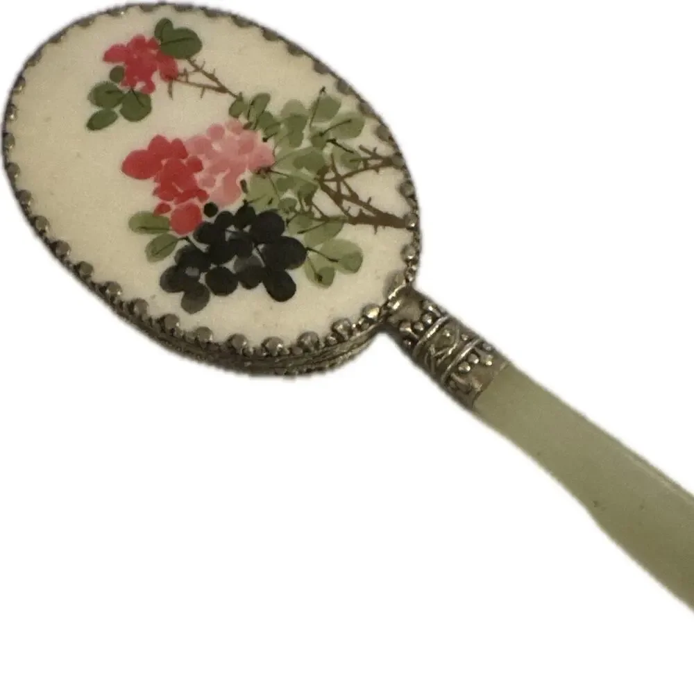 Mid Century Cottagecore Floral Hand Mirror Satin Glass Lucite Vanity Mirror 50s